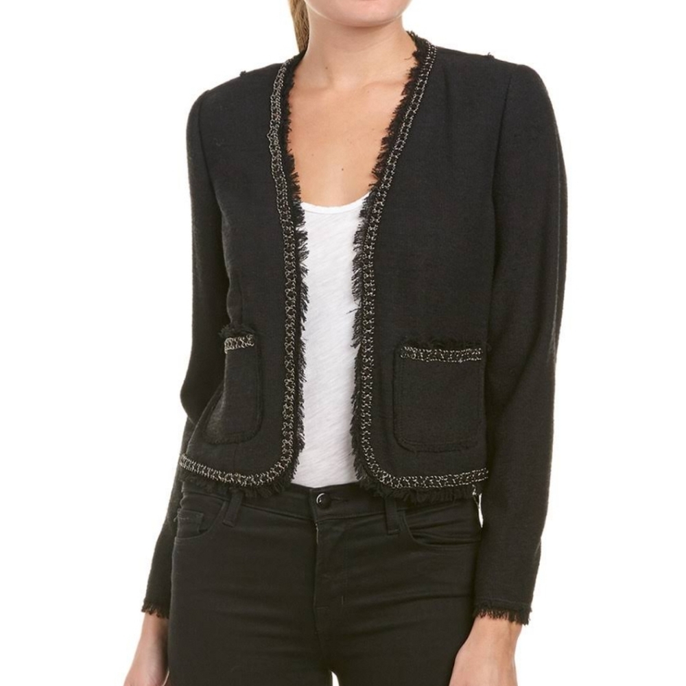 NEW Rebecca Taylor boucle blazer black stretch fringe edges silver trim size 8